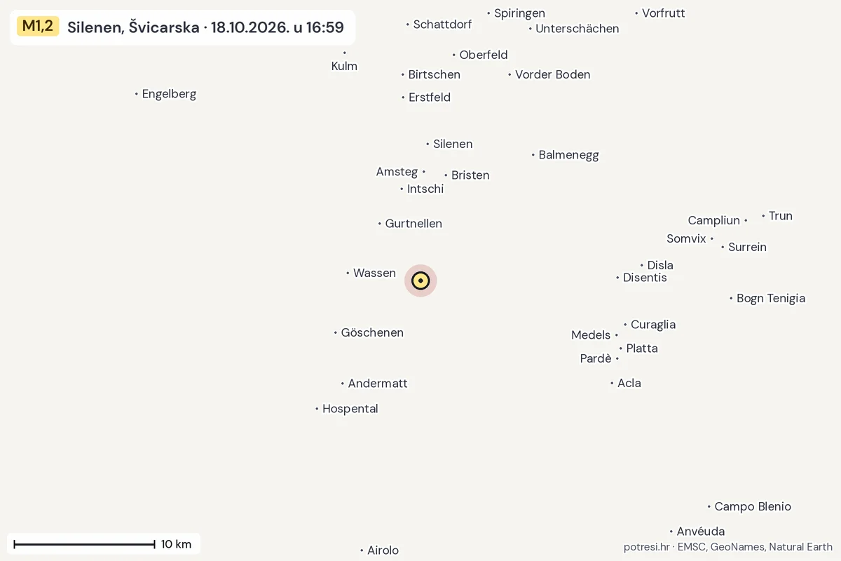 Karta: okolica epicentra, 60 km, potres M1,2, Silenen, Švicarska, 18.10.2026.