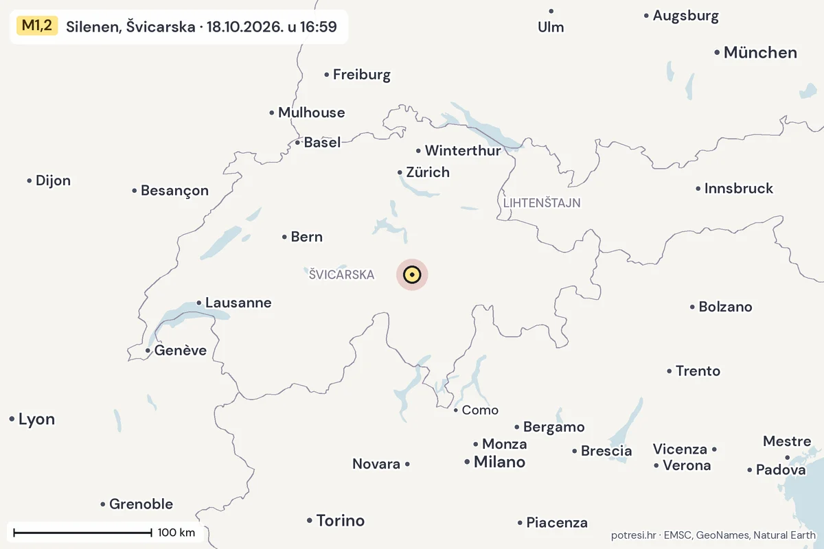 Karta: šire područje, 600 km, potres M1,2, Silenen, Švicarska, 18.10.2026.