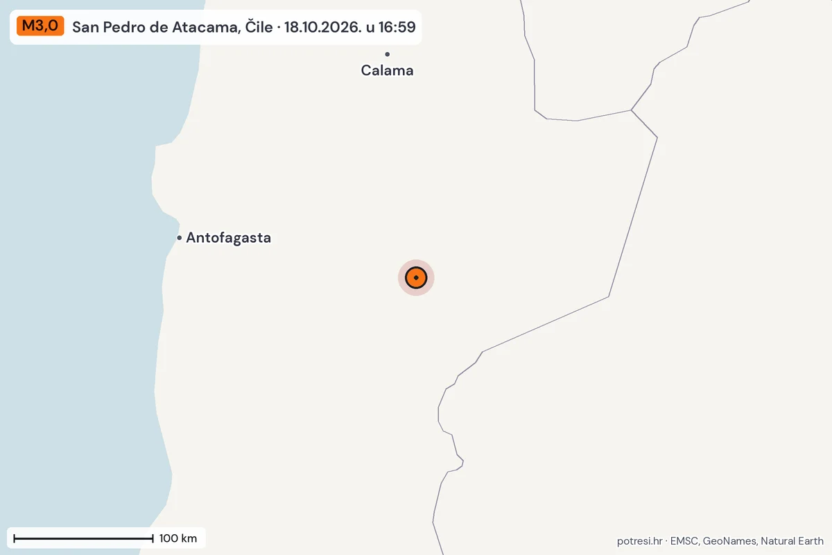 Karta: šire područje, 600 km, potres M3,0, San Pedro de Atacama, Čile, 18.10.2026.