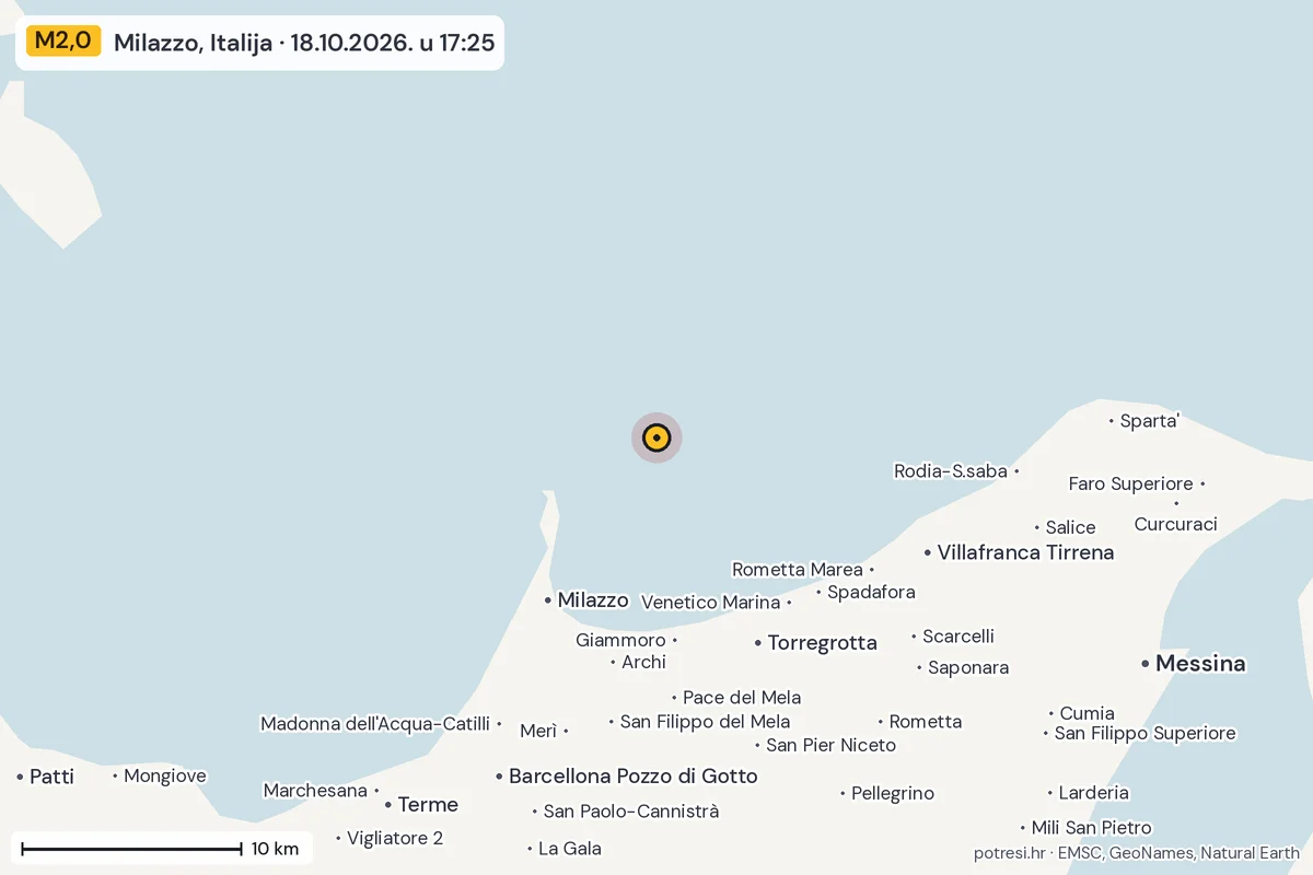 Karta: okolica epicentra, 60 km, potres M2,0, Milazzo, Italija, 18.10.2026.