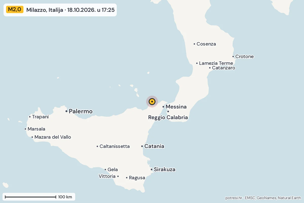 Karta: šire područje, 600 km, potres M2,0, Milazzo, Italija, 18.10.2026.