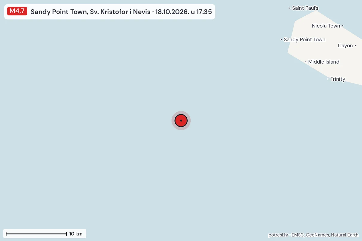 Karta: okolica epicentra, 60 km, potres M4,7, Sandy Point Town, Sv. Kristofor i Nevis, 18.10.2026.