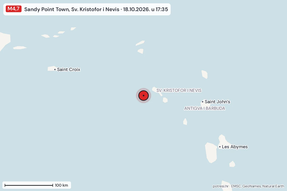 Karta: šire područje, 600 km, potres M4,7, Sandy Point Town, Sv. Kristofor i Nevis, 18.10.2026.