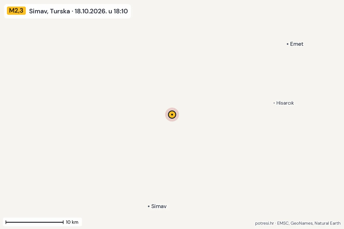 Karta: okolica epicentra, 60 km, potres M2,3, Simav, Turska, 18.10.2026.