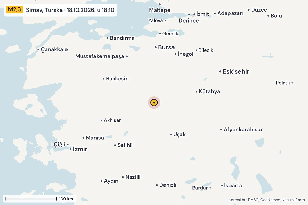 Karta: šire područje, 600 km, potres M2,3, Simav, Turska, 18.10.2026.