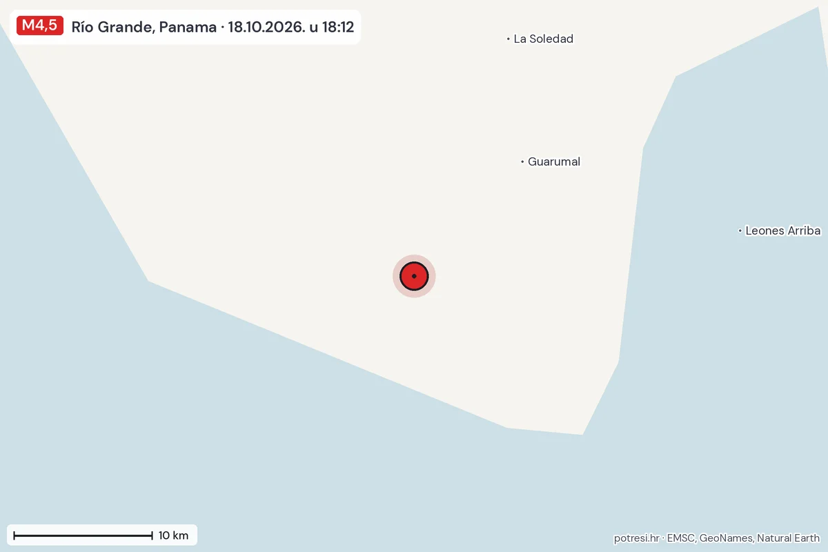 Karta: okolica epicentra, 60 km, potres M4,5, Río Grande, Panama, 18.10.2026.