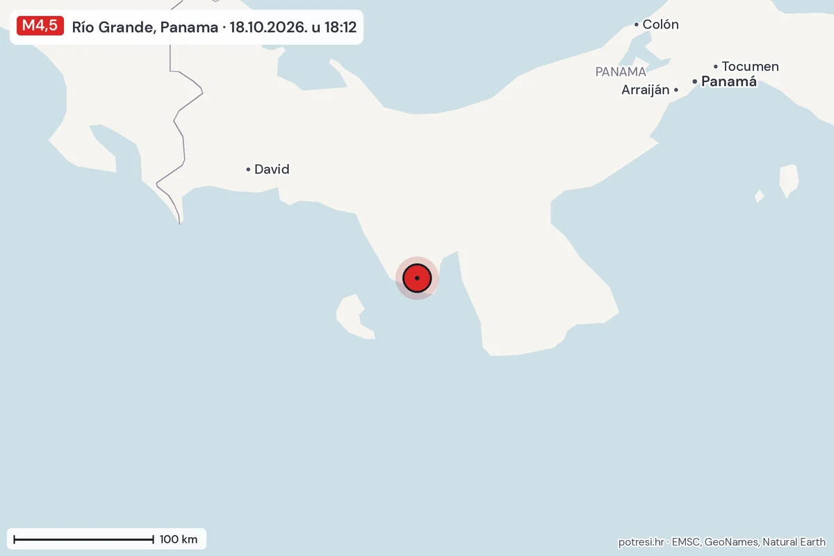 Karta: šire područje, 600 km, potres M4,5, Río Grande, Panama, 18.10.2026.