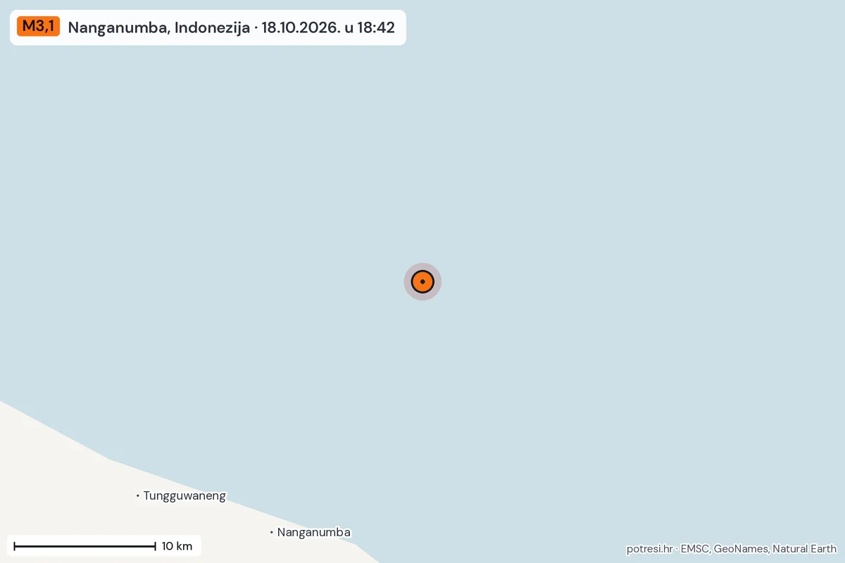 Karta: okolica epicentra, 60 km, potres M3,1, Nanganumba, Indonezija, 18.10.2026.