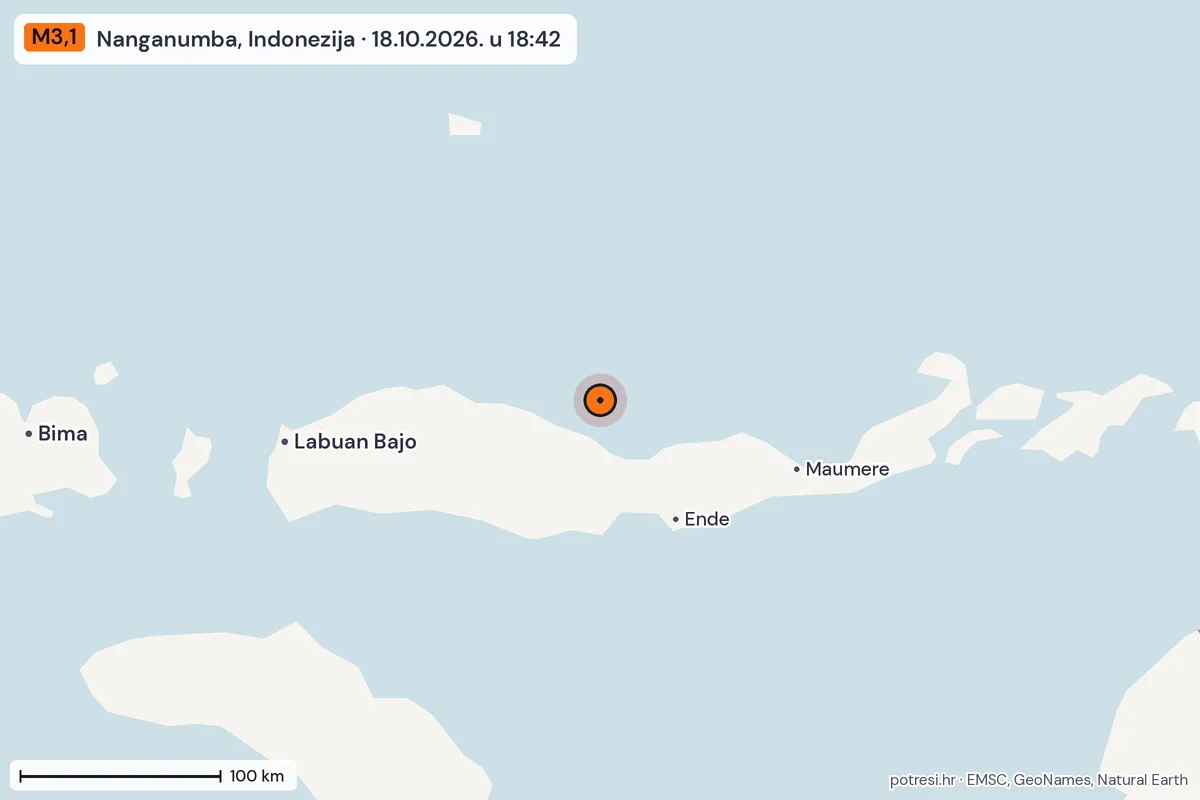 Karta: šire područje, 600 km, potres M3,1, Nanganumba, Indonezija, 18.10.2026.