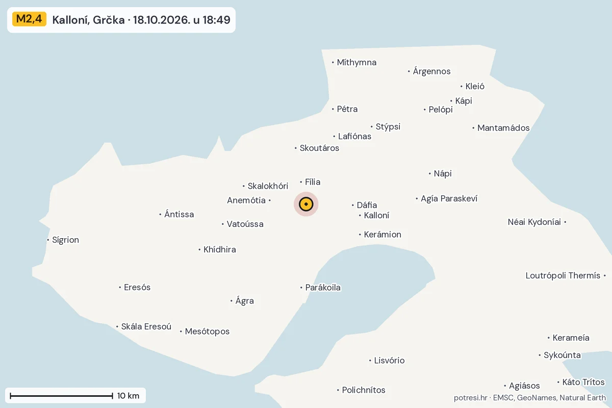 Karta: okolica epicentra, 60 km, potres M2,4, Kalloní, Grčka, 18.10.2026.