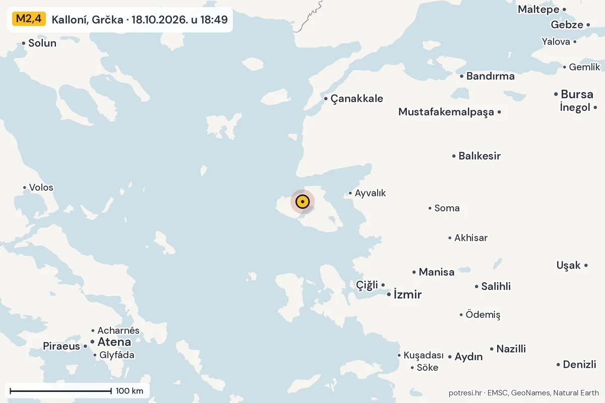 Karta: šire područje, 600 km, potres M2,4, Kalloní, Grčka, 18.10.2026.