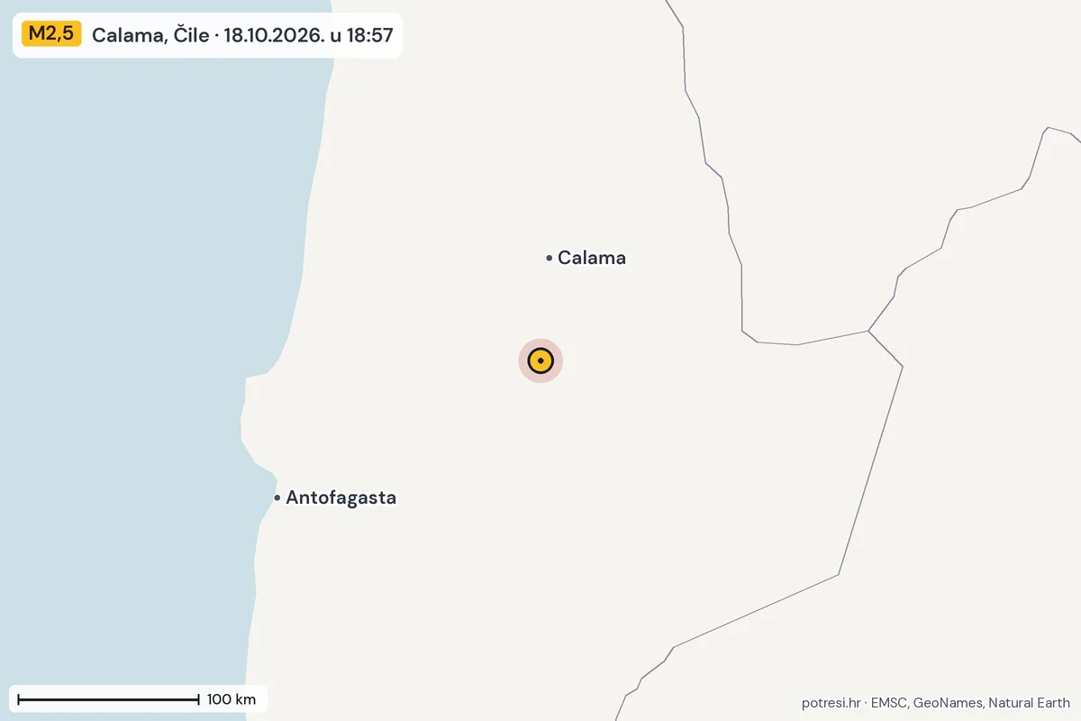 Karta: šire područje, 600 km, potres M2,5, Calama, Čile, 18.10.2026.