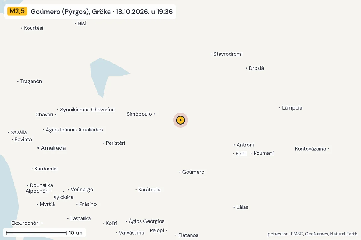 Karta: okolica epicentra, 60 km, potres M2,5, Goúmero (Pýrgos), Grčka, 18.10.2026.