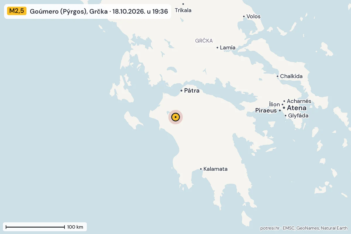 Karta: šire područje, 600 km, potres M2,5, Goúmero (Pýrgos), Grčka, 18.10.2026.