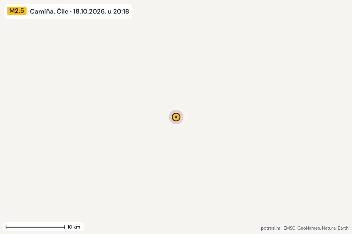 Karta: okolica epicentra, 60 km, potres M2,5, Camiña, Čile, 18.10.2026.