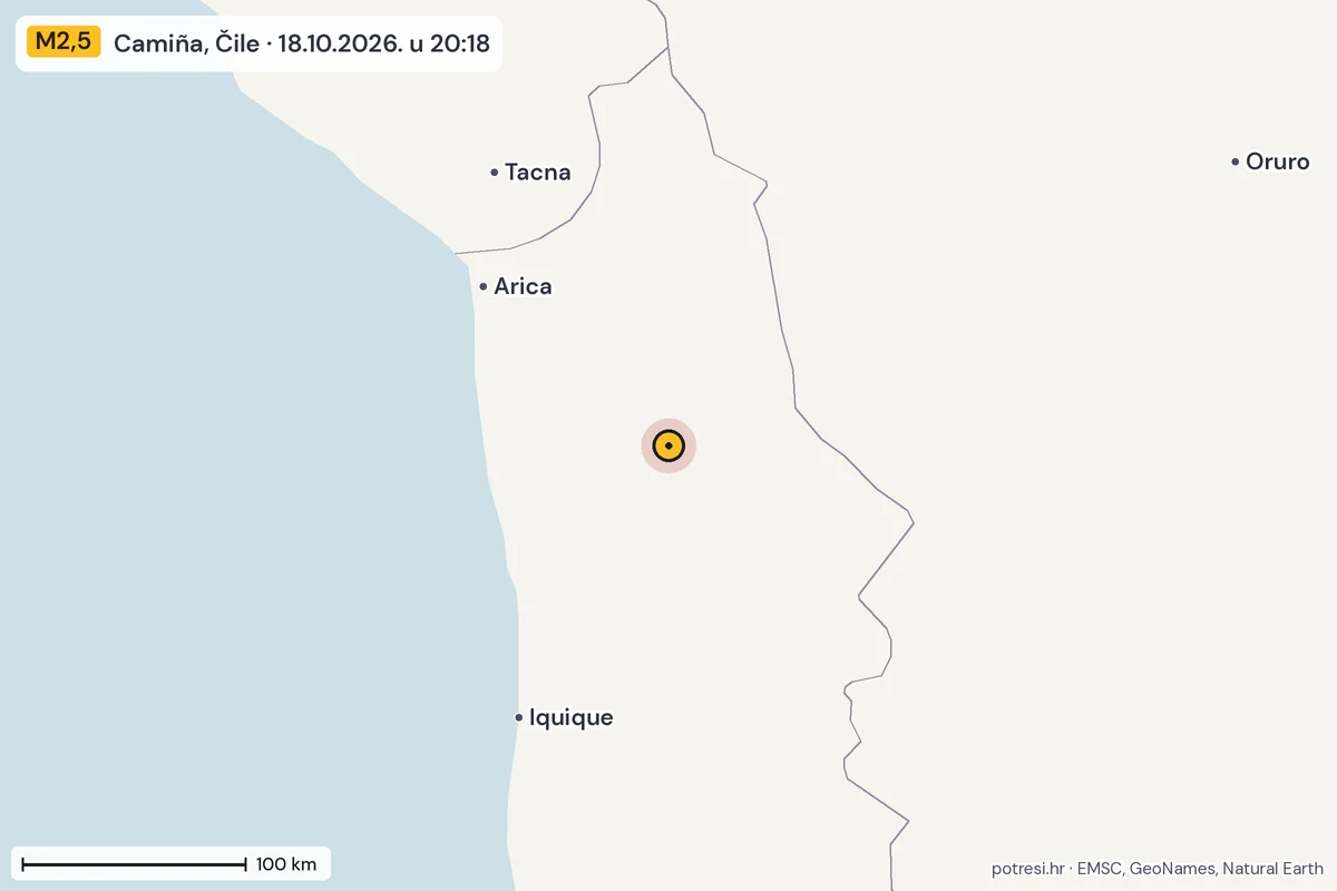 Karta: šire područje, 600 km, potres M2,5, Camiña, Čile, 18.10.2026.