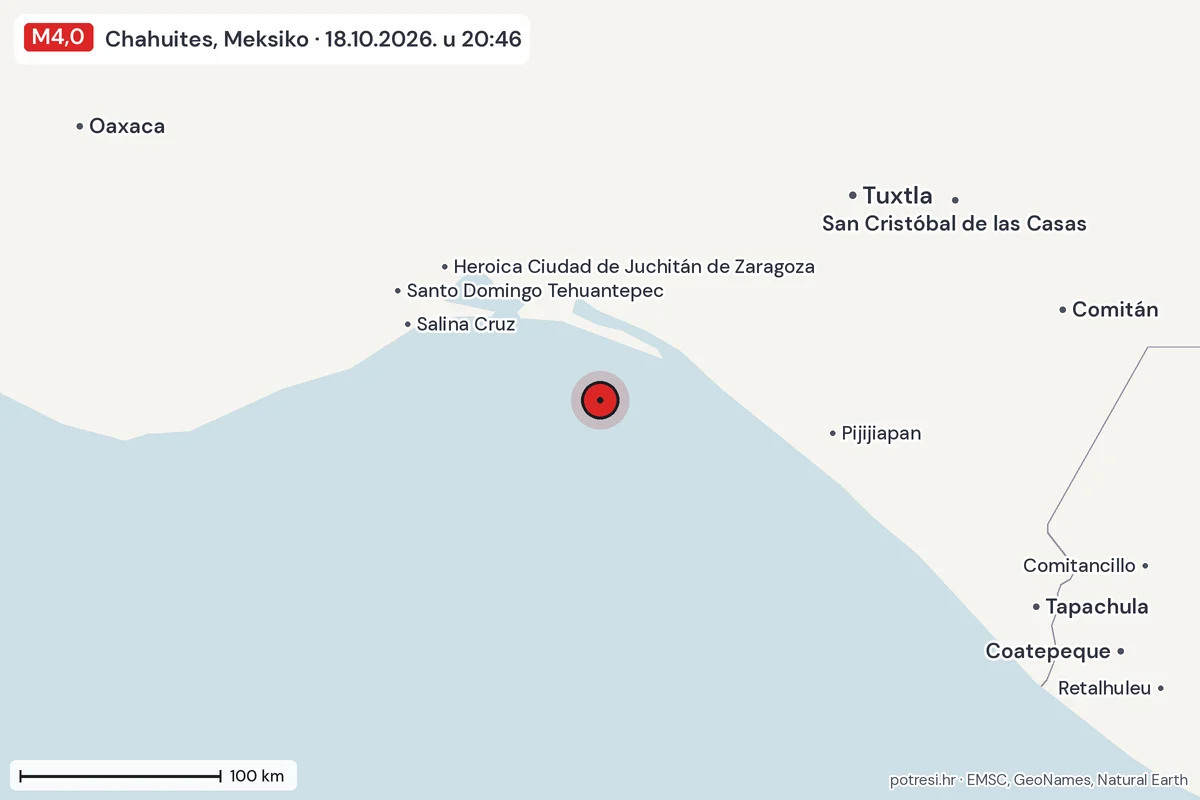 Karta: šire područje, 600 km, potres M4,0, Chahuites, Meksiko, 18.10.2026.