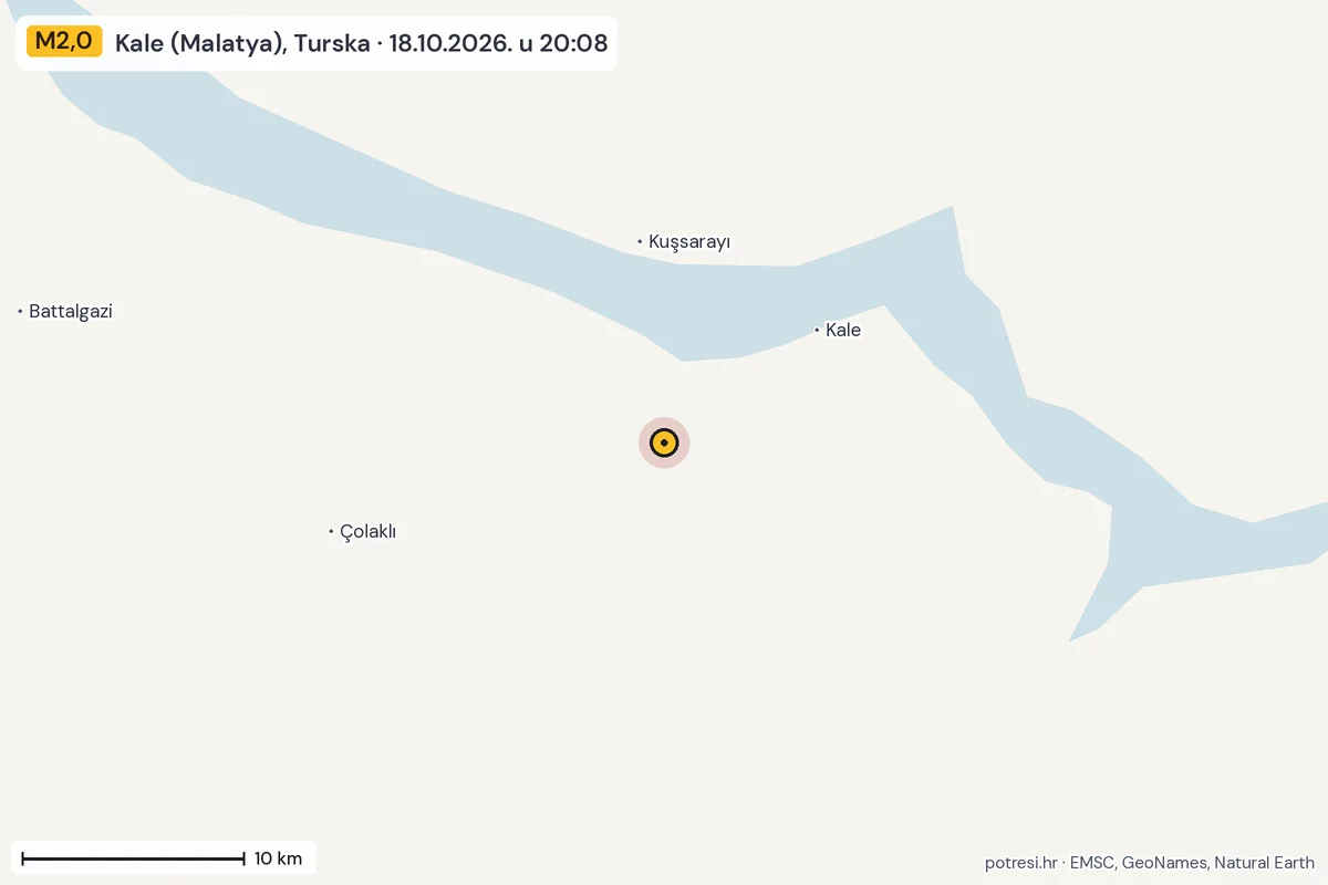Karta: okolica epicentra, 60 km, potres M2,0, Kale (Malatya), Turska, 18.10.2026.