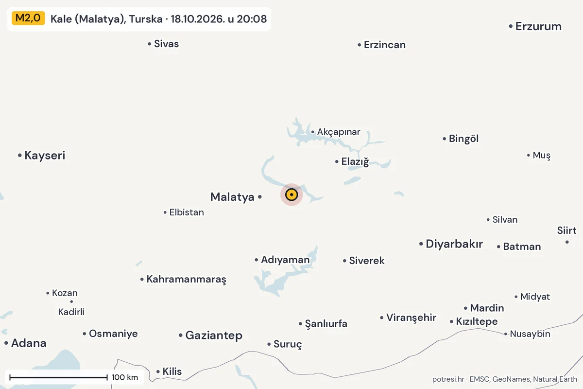 Karta: šire područje, 600 km, potres M2,0, Kale (Malatya), Turska, 18.10.2026.