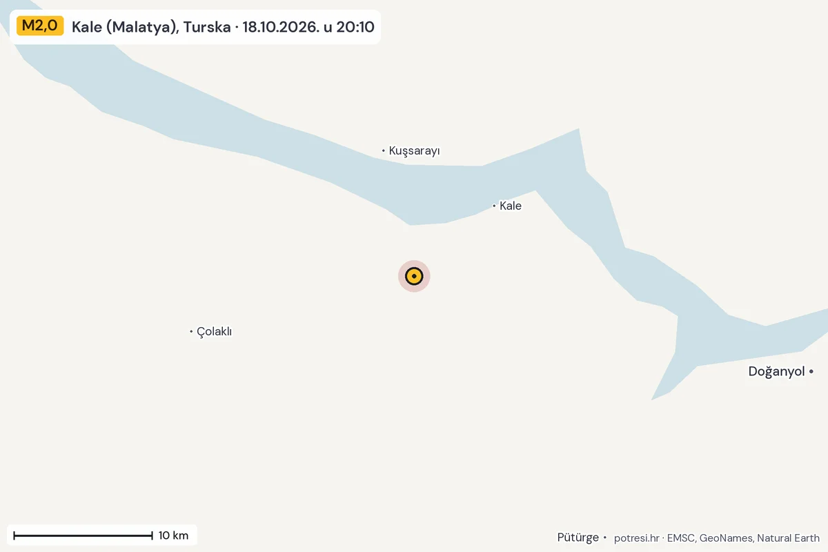 Karta: okolica epicentra, 60 km, potres M2,0, Kale (Malatya), Turska, 18.10.2026.