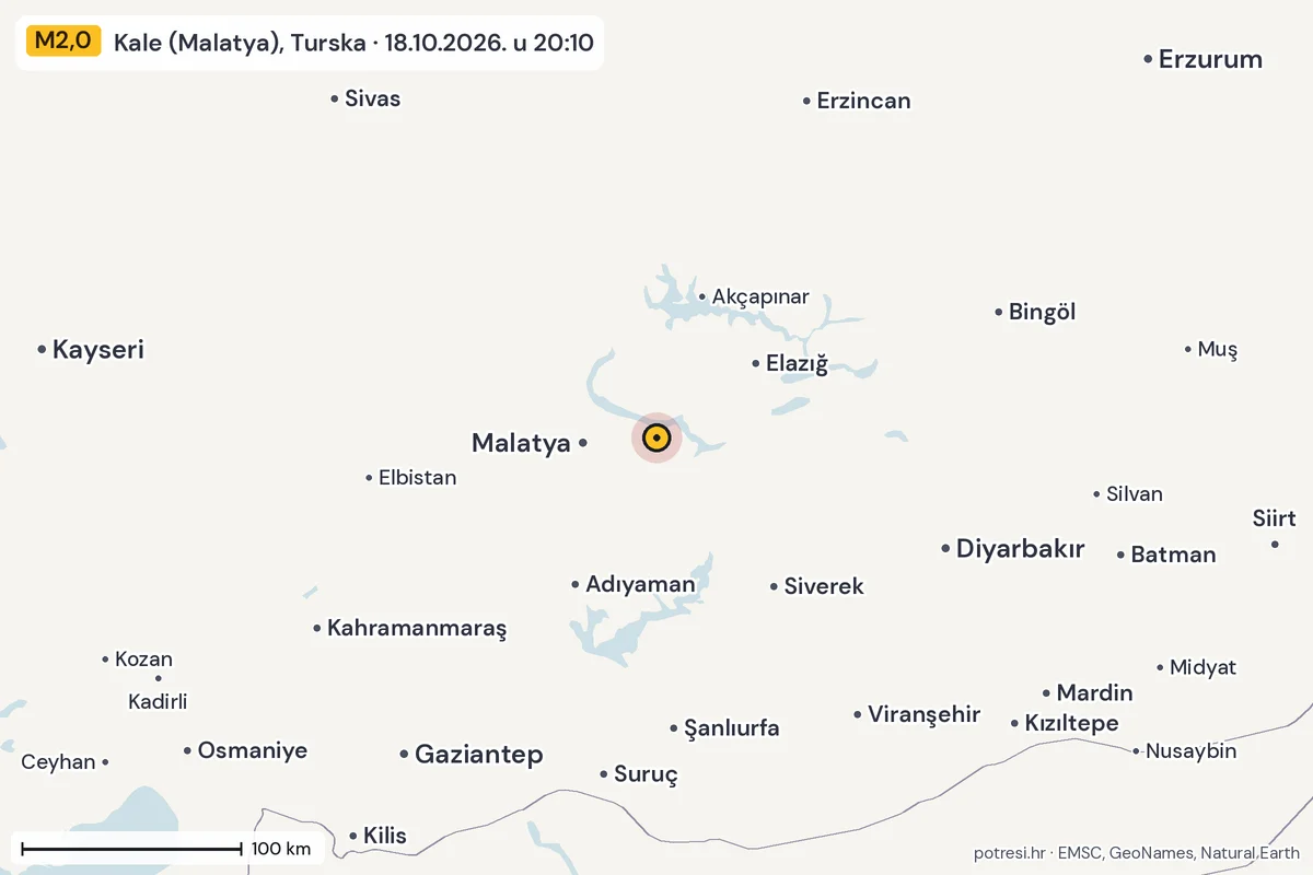 Karta: šire područje, 600 km, potres M2,0, Kale (Malatya), Turska, 18.10.2026.