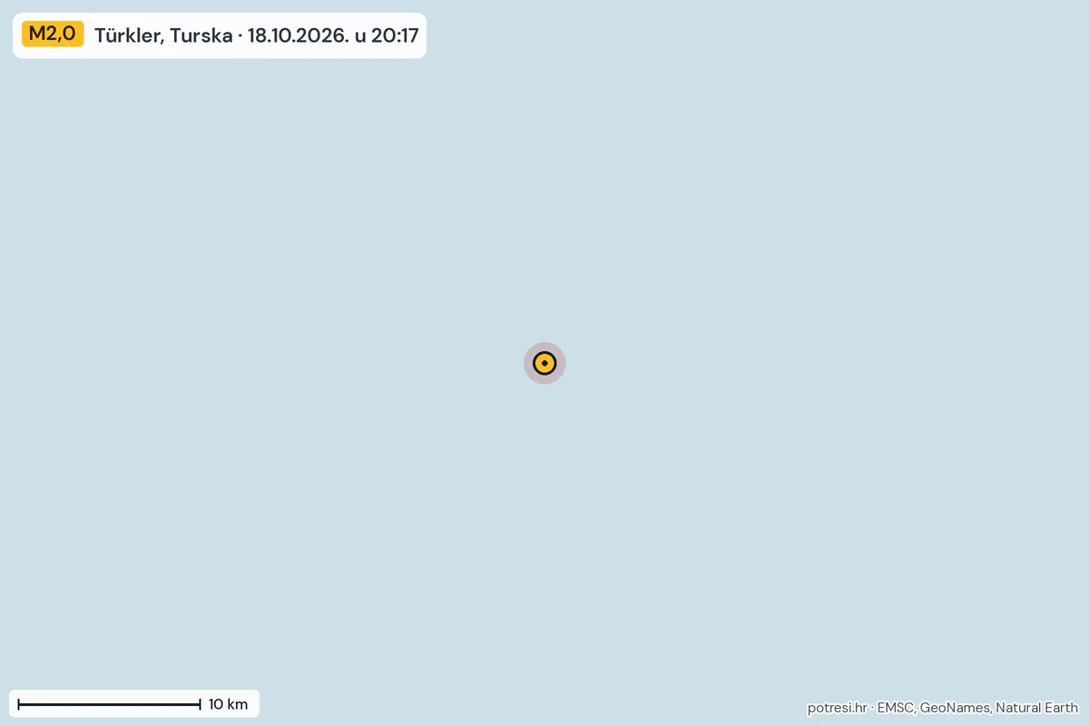 Karta: okolica epicentra, 60 km, potres M2,0, Türkler, Turska, 18.10.2026.