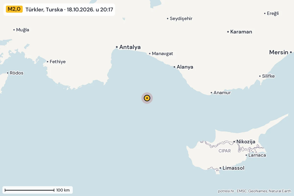 Karta: šire područje, 600 km, potres M2,0, Türkler, Turska, 18.10.2026.