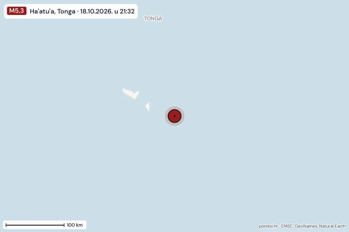 Karta: šire područje, 600 km, potres M5,3, Ha'atu'a, Tonga, 18.10.2026.