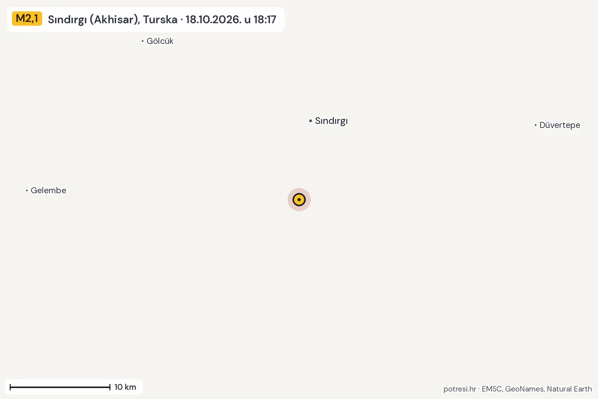 Karta: okolica epicentra, 60 km, potres M2,1, Sındırgı (Akhisar), Turska, 18.10.2026.