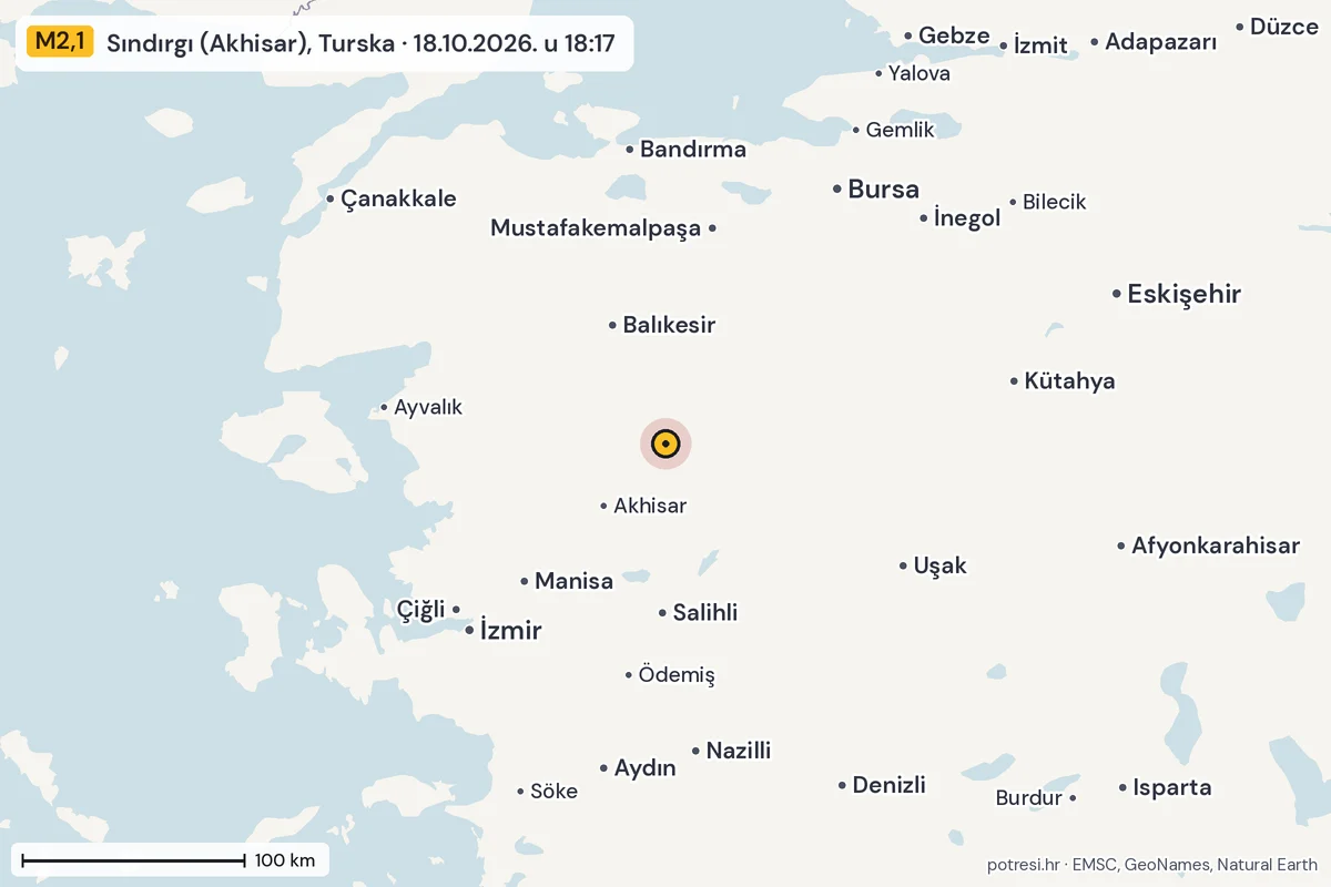 Karta: šire područje, 600 km, potres M2,1, Sındırgı (Akhisar), Turska, 18.10.2026.