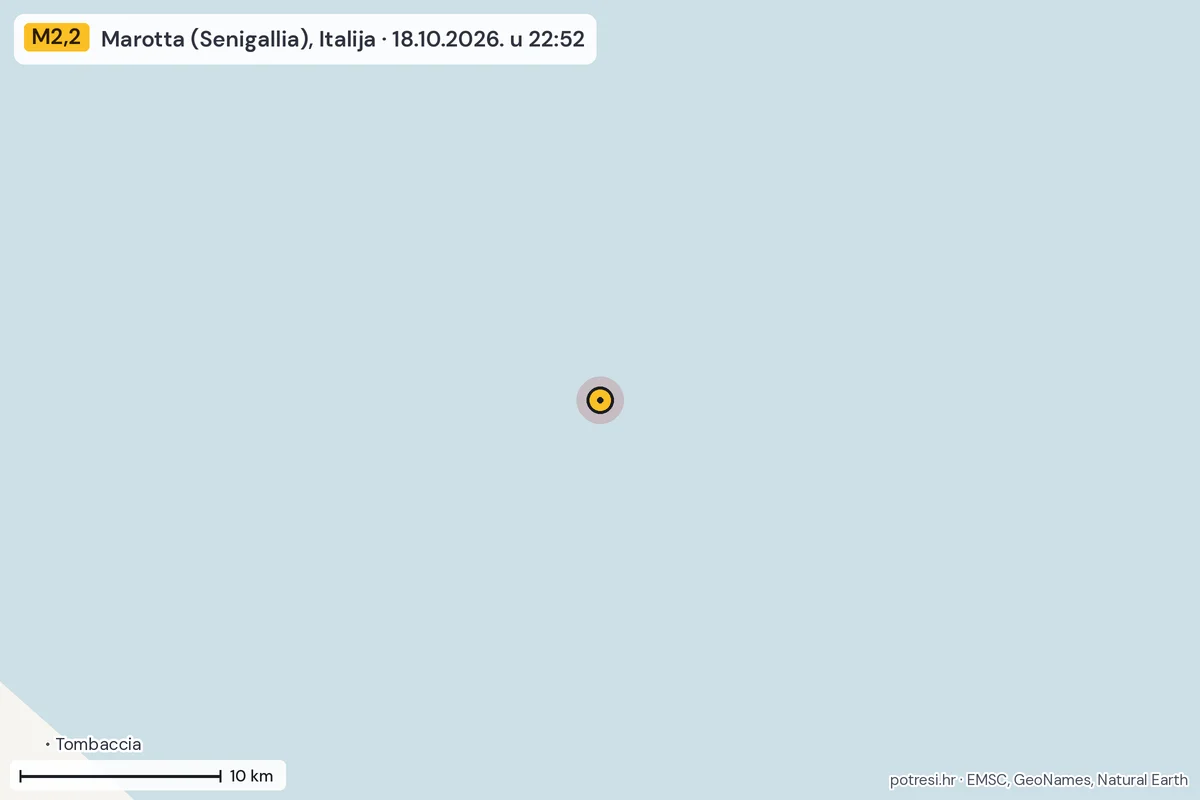 Karta: okolica epicentra, 60 km, potres M2,2, Marotta (Senigallia), Italija, 18.10.2026.