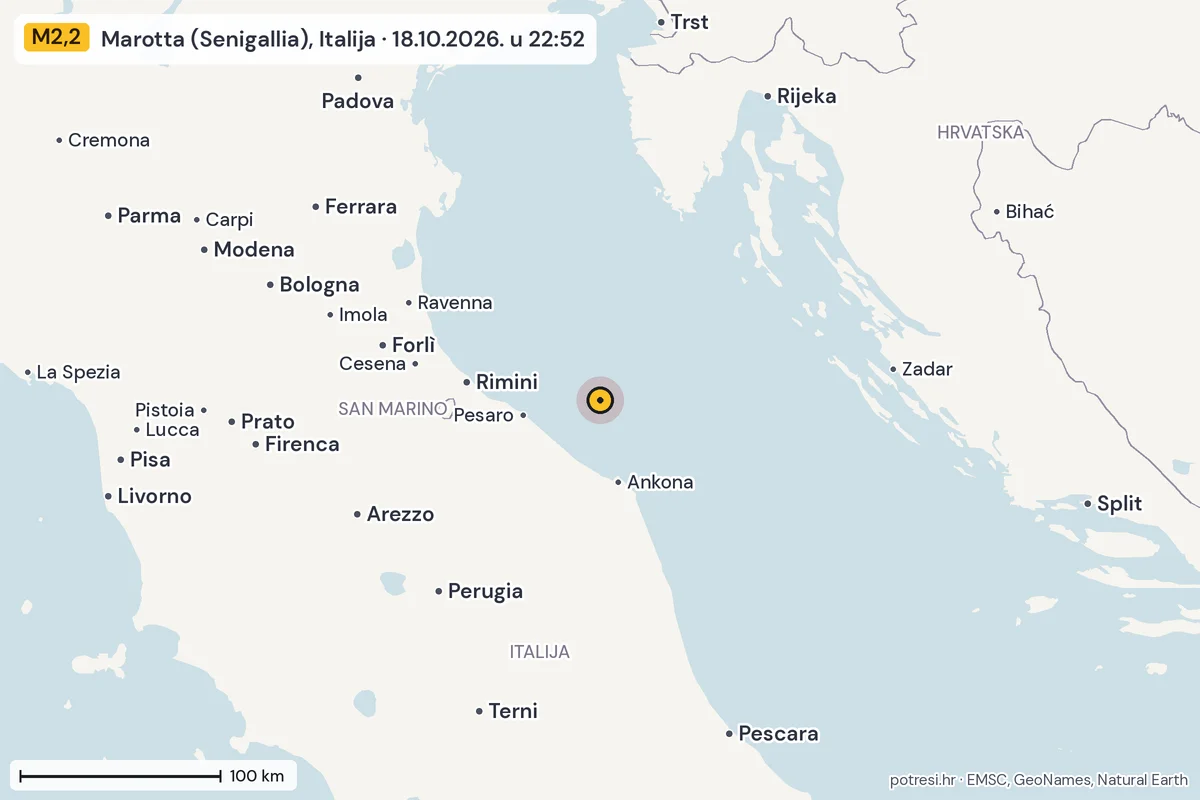 Karta: šire područje, 600 km, potres M2,2, Marotta (Senigallia), Italija, 18.10.2026.