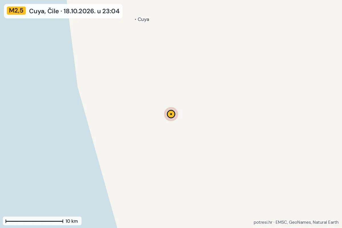 Karta: okolica epicentra, 60 km, potres M2,5, Cuya, Čile, 18.10.2026.