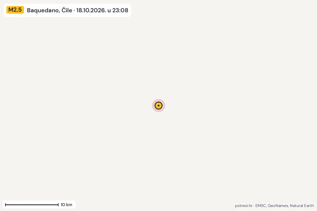 Karta: okolica epicentra, 60 km, potres M2,5, Baquedano, Čile, 18.10.2026.
