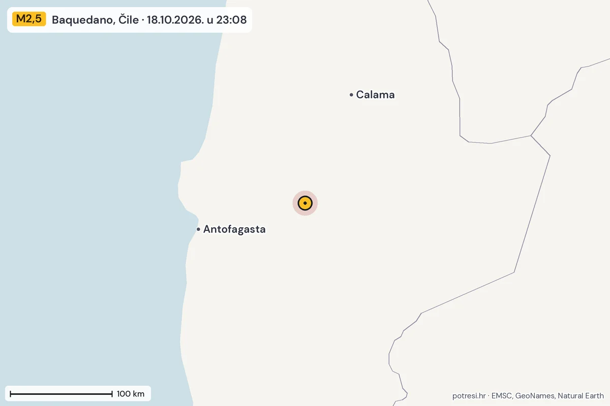 Karta: šire područje, 600 km, potres M2,5, Baquedano, Čile, 18.10.2026.