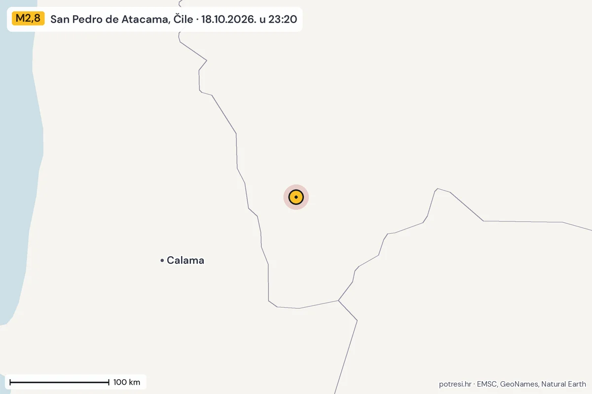 Karta: šire područje, 600 km, potres M2,8, San Pedro de Atacama, Čile, 18.10.2026.