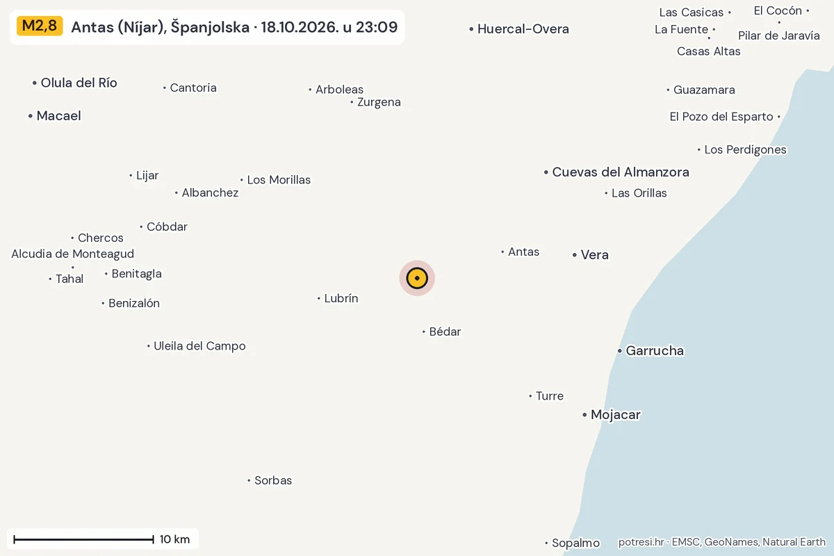 Karta: okolica epicentra, 60 km, potres M2,8, Antas (Níjar), Španjolska, 18.10.2026.