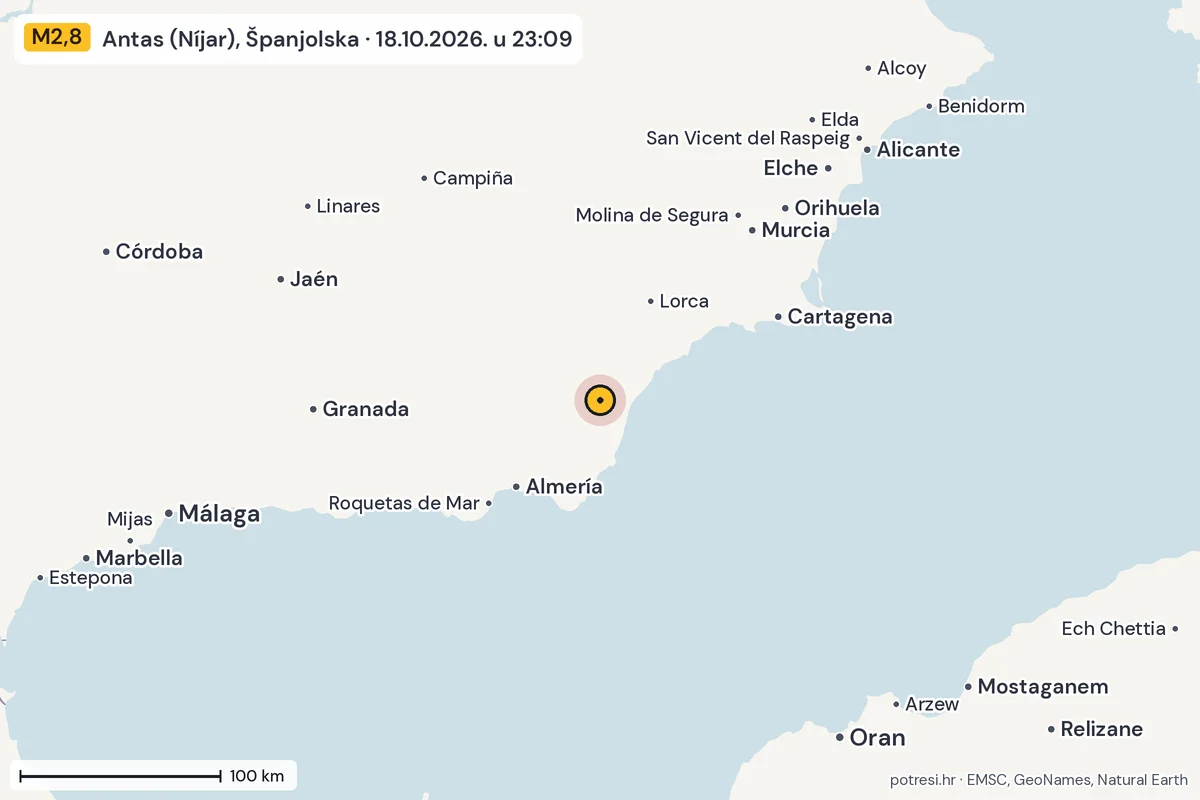 Karta: šire područje, 600 km, potres M2,8, Antas (Níjar), Španjolska, 18.10.2026.