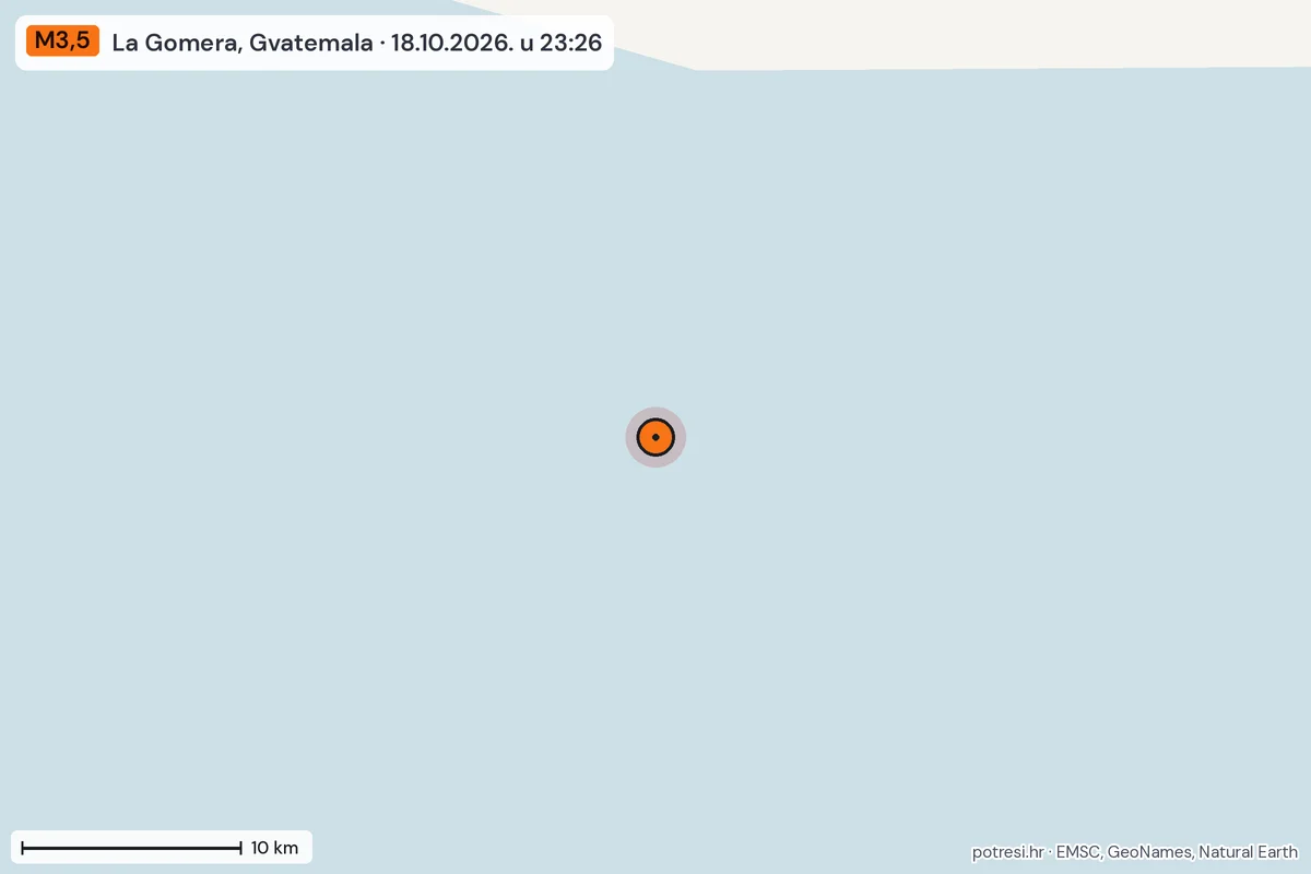 Karta: okolica epicentra, 60 km, potres M3,5, La Gomera, Gvatemala, 18.10.2026.