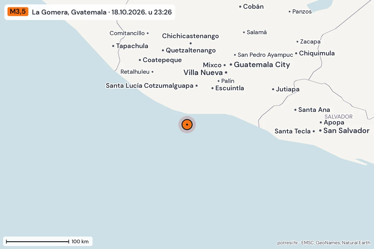 Karta: šire područje, 600 km, potres M3,5, La Gomera, Gvatemala, 18.10.2026.