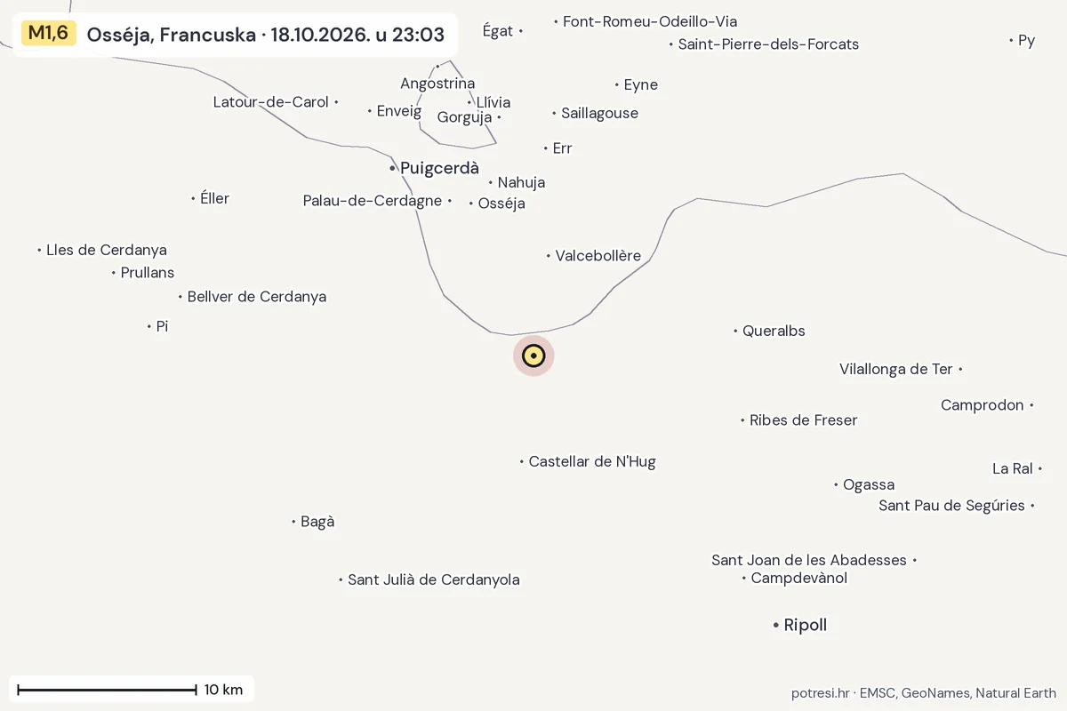 Karta: okolica epicentra, 60 km, potres M1,6, Osséja, Francuska, 18.10.2026.