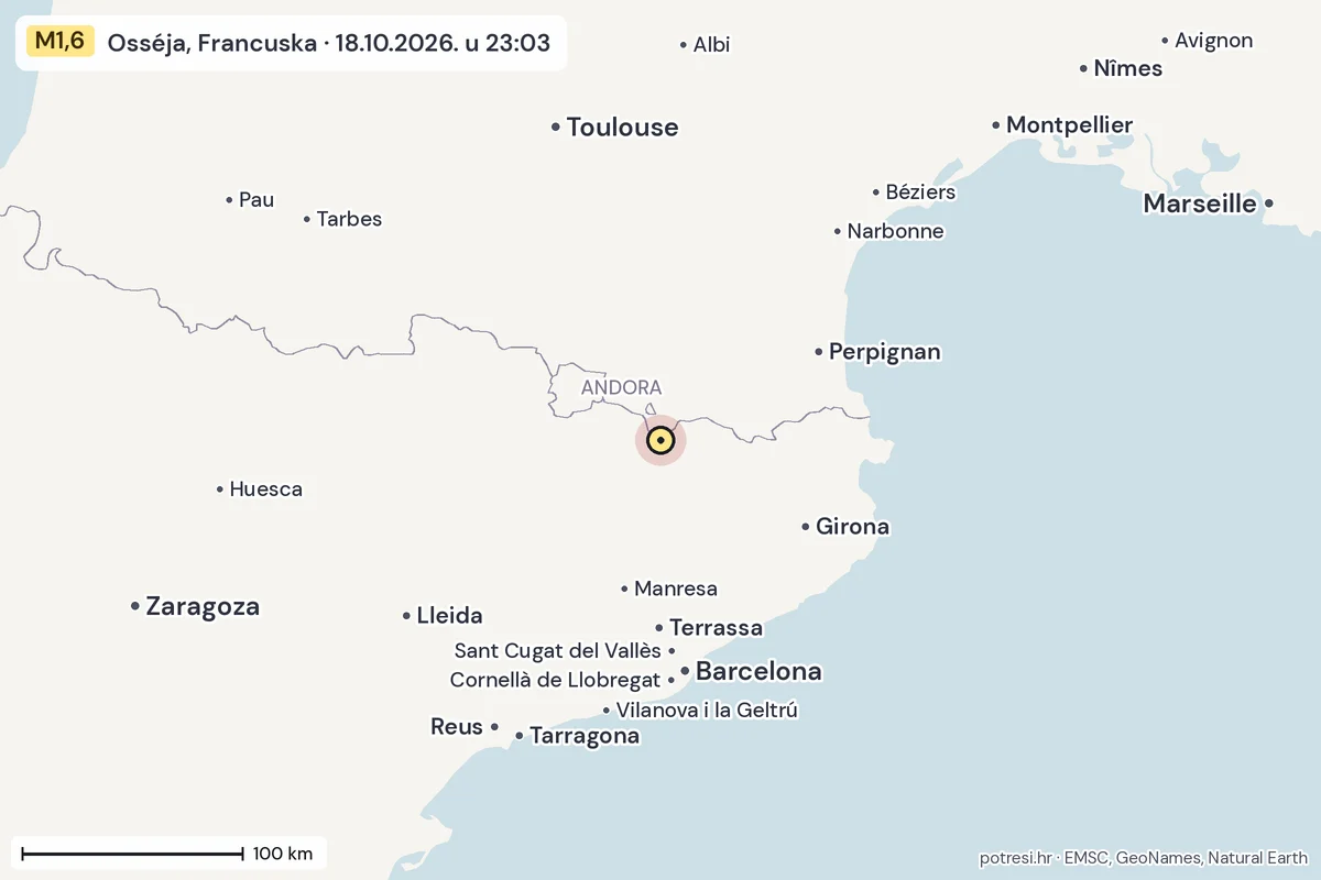 Karta: šire područje, 600 km, potres M1,6, Osséja, Francuska, 18.10.2026.