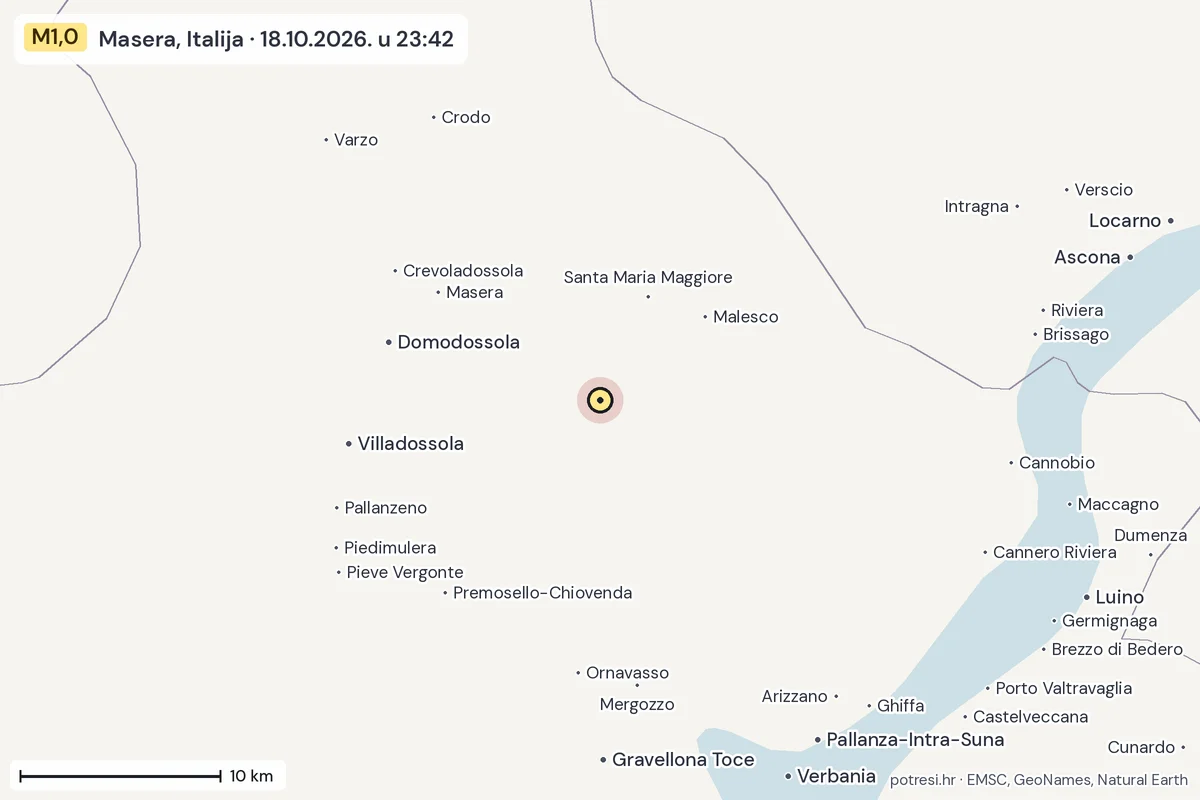 Karta: okolica epicentra, 60 km, potres M1,0, Masera, Italija, 18.10.2026.