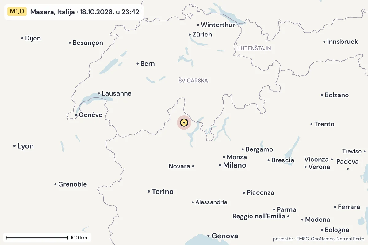 Karta: šire područje, 600 km, potres M1,0, Masera, Italija, 18.10.2026.
