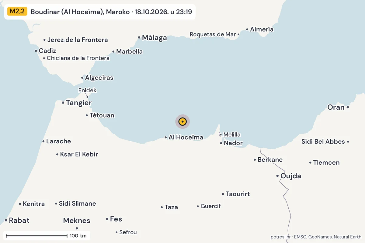 Karta: šire područje, 600 km, potres M2,2, Boudinar (Al Hoceïma), Maroko, 18.10.2026.