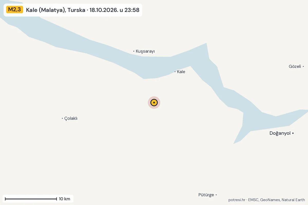 Karta: okolica epicentra, 60 km, potres M2,3, Kale (Malatya), Turska, 18.10.2026.