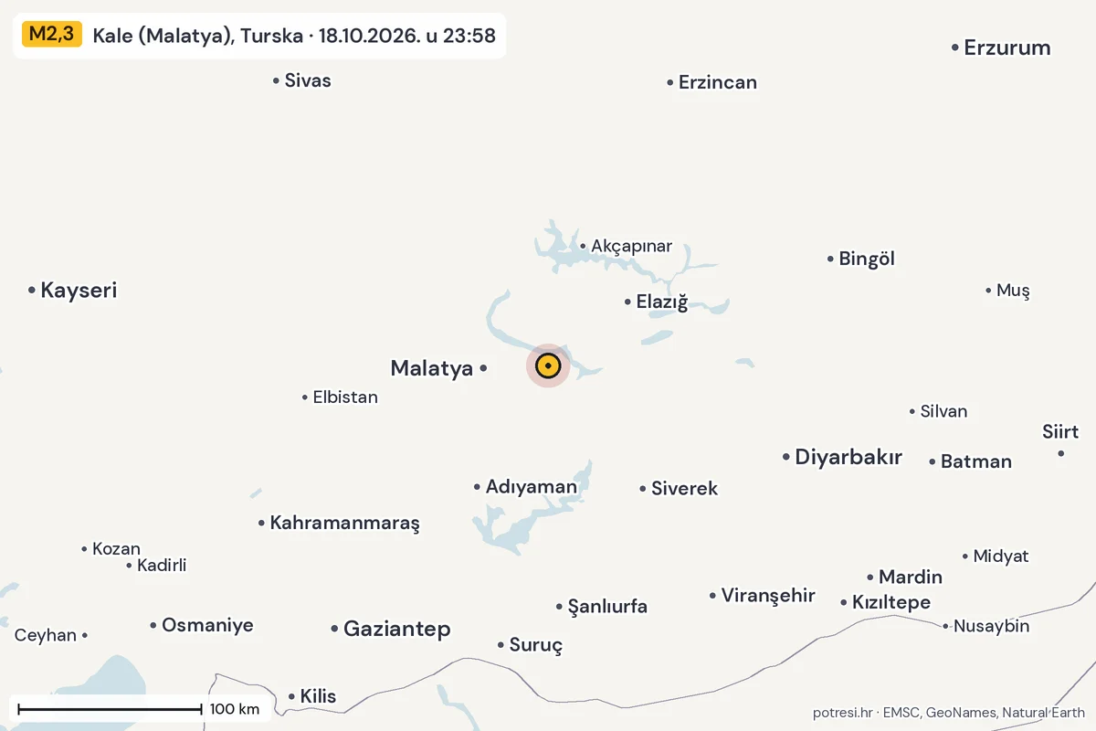 Karta: šire područje, 600 km, potres M2,3, Kale (Malatya), Turska, 18.10.2026.
