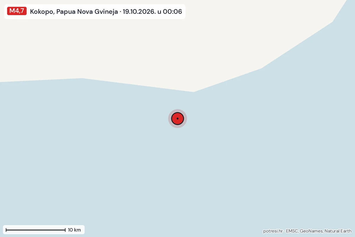 Karta: okolica epicentra, 60 km, potres M4,7, Kokopo, Papua Nova Gvineja, 19.10.2026.