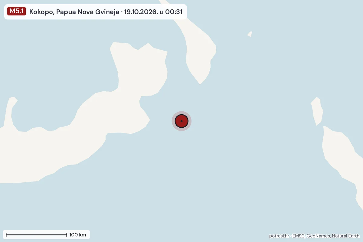 Karta: šire područje, 600 km, potres M5,1, Kokopo, Papua Nova Gvineja, 19.10.2026.