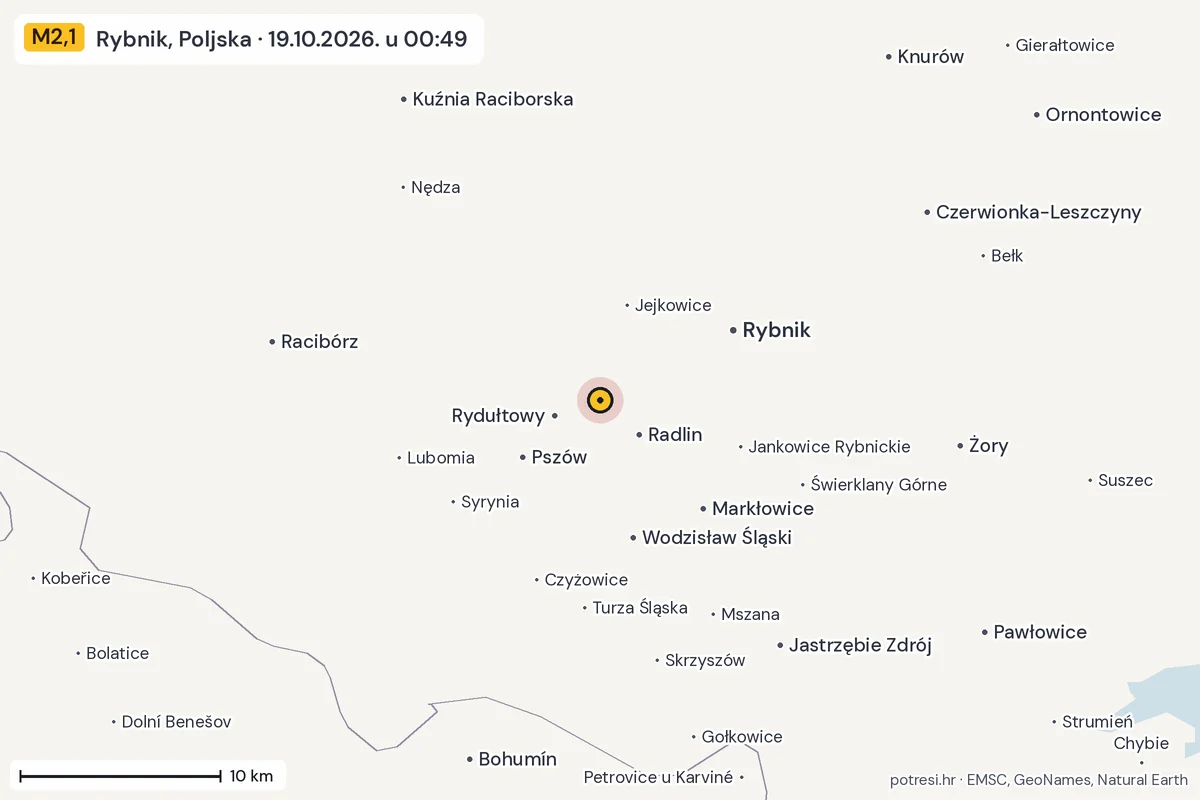 Karta: okolica epicentra, 60 km, potres M2,1, Rybnik, Poljska, 19.10.2026.
